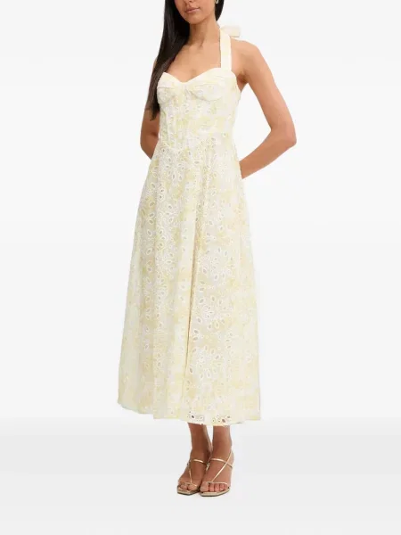 Rochie midi Bardot cu broderie cu model floral galben