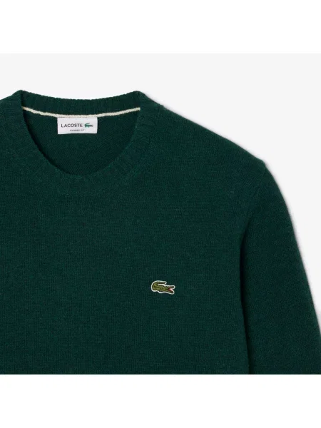 Lacoste Wełniany Sweter Z Okrągłym Kolnierzykiem zielony
