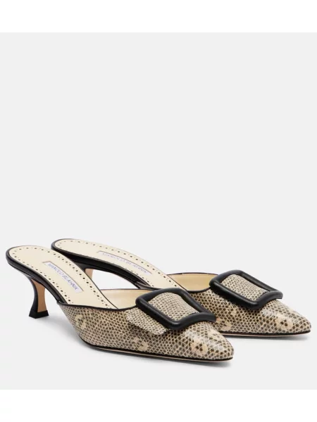 Papuci tip mules Manolo Blahnik din piele cu model piele de șarpe bej