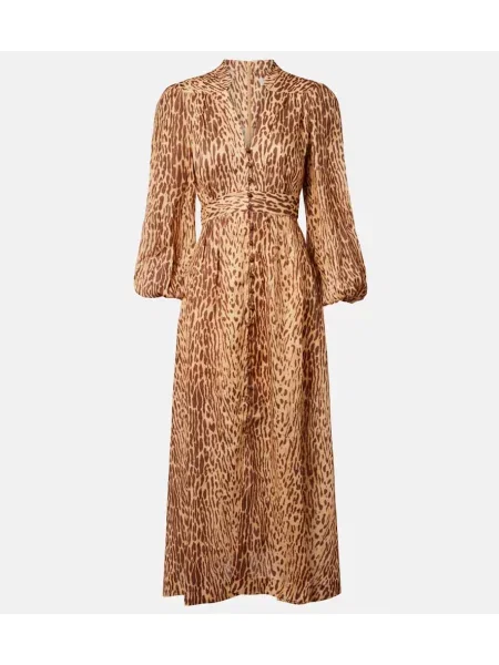 Lniana sukienka midi Zimmermann z nadrukiem w panterkę brązowa