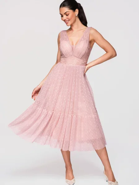 Rochie midi Edoti din tul roz