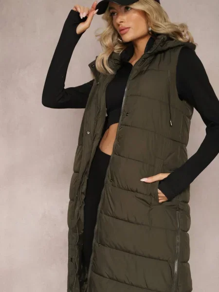 Închis Matlasat Vestă Fără Mâneci cu Croială Lungă cu Glugă Tawari verde