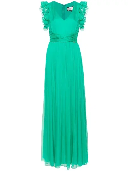 Rochie maxi Nissa de mătase cu volane de costum verde
