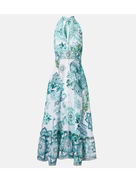 Lniana sukienka midi Camilla z falbankami do kolan zielona