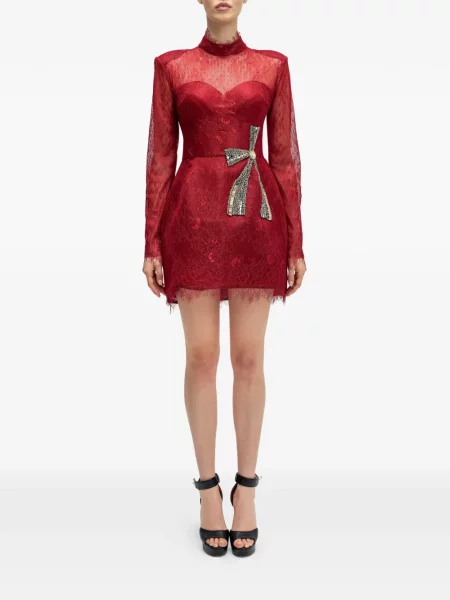 Rochie mini Araftu cu funde din dantelă de costum roșu