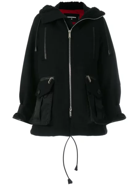 Haină din piele de oaie Dsquared2 cu glugă din piele de oaie negru