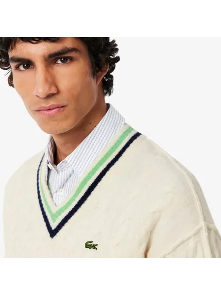 Lacoste Wełniany Sweter W Splot Warkoczowy Z Dekoltem W Szpic biały