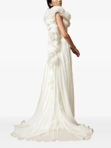 Rochie Iris Serban cu model floral cu aplicații cu un umăr gol alb