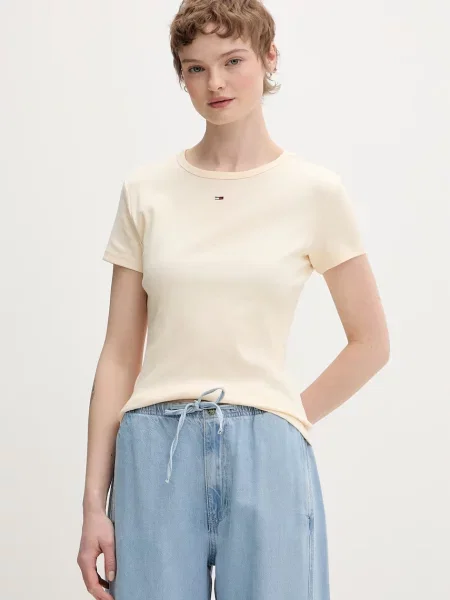 Tommy Jeans basic t-shirt γυναικείο με ελαστάν μπεζ