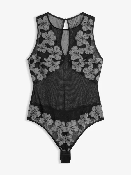 Body ze stringami ze szlachetnym haftem czarny