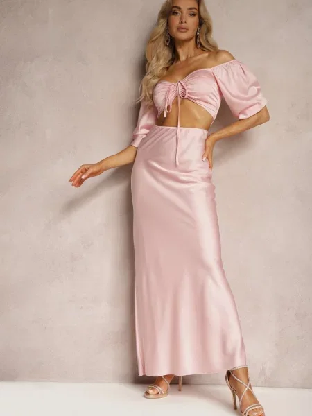 Komplet Spódnica Wykończona Gumką w Pasie Top z Ozdobnym Sznurowaniem Dimetria różowy