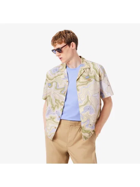 Lacoste Koszula Z Krótkim Rękawem Ze Wzorem Relaxed Fit beżowa