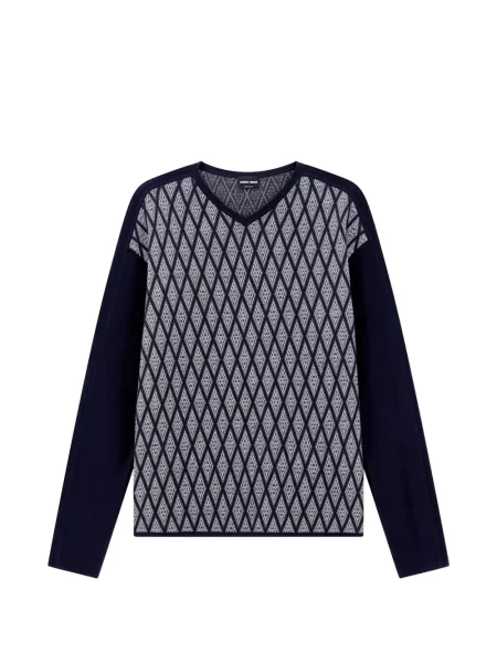 Pulover Giorgio Armani cu decolteu în V din jacard albastru