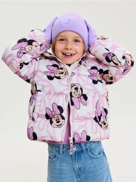 Sinsay Prošívaná puffer bunda s kapucí Minnie Mouse krémová
