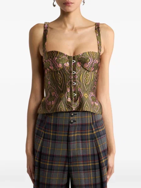 Top Etro cu model floral din jacard verde