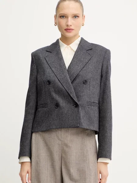 BOSS Orange sacou din lână bleumarin cu două rânduri de cu imprimeu portocaliu