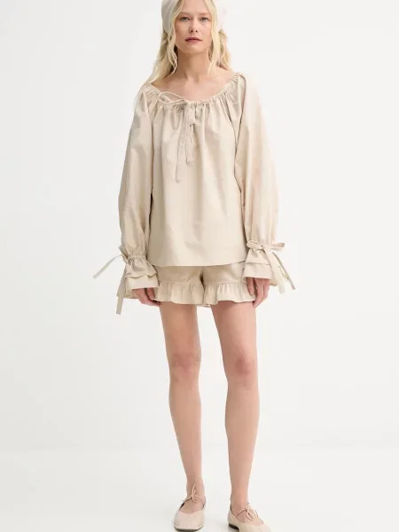 Лляні шорти The Sleeper однотонні висока посадка бежевий