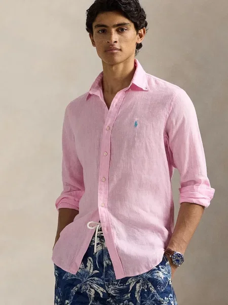 Polo Ralph Lauren košile lněná Long Sleeve Sport Shirt růžová