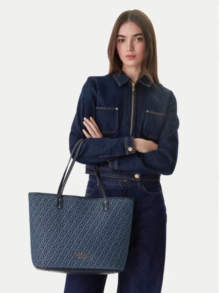 Torba tote z imitacji denimu model ‘Evrim’ Liu Jo White niebieska
