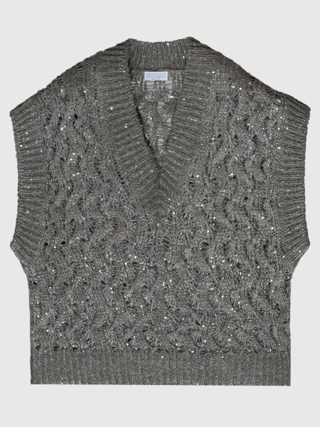 Жилет кольору хакі з шовком та льоном Brunello Cucinelli