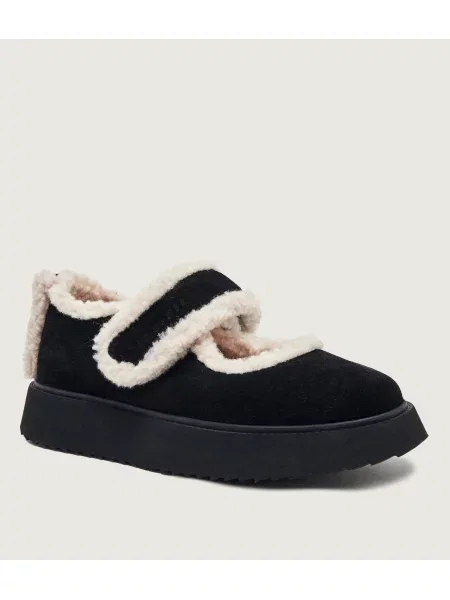 INUIKII Căptușite balerini Mary Jane | piele întoarsă | shearling negru