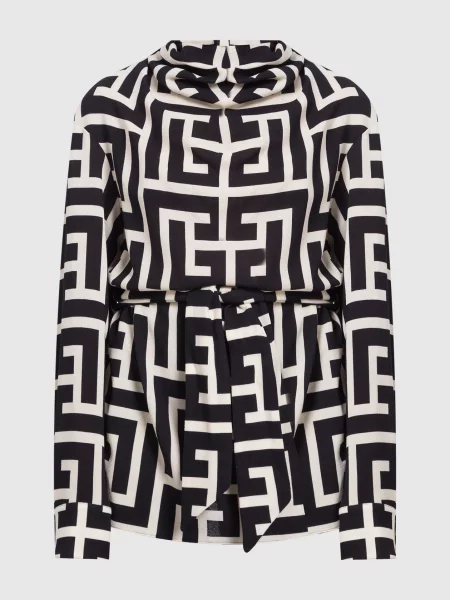 Блуза з вовни в принт монограми логотипа Balmain чорна