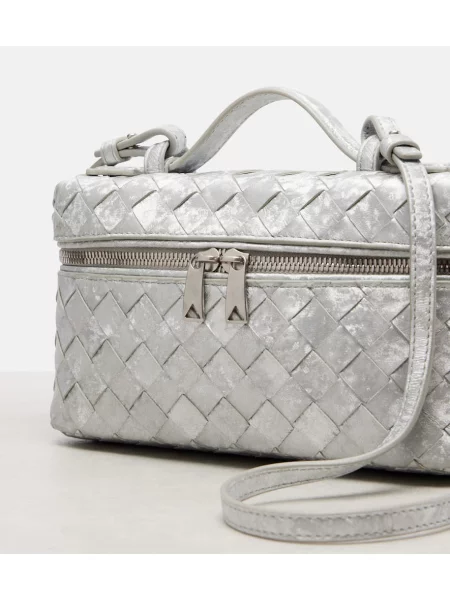 Usnjena usnjena torbica Bottega Veneta Handle srebrna
