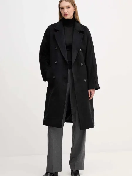 Dkny płaszcz wełniany przejściowy dwurzędowy czarny