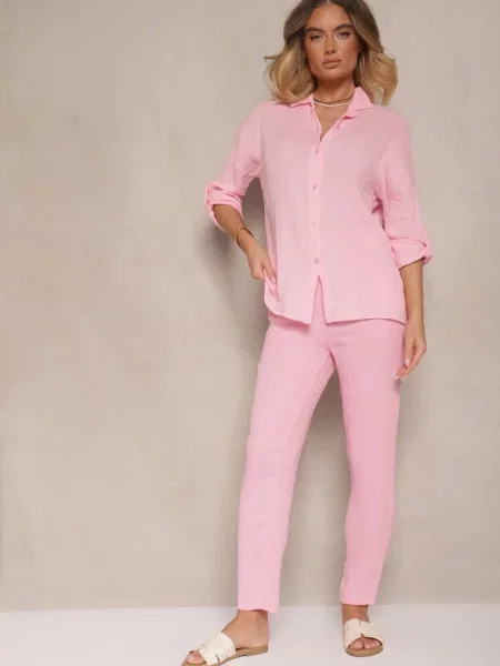 Muślinowy Komplet z Bawełny Spodnie i Koszula z Regulowanymi Rękawami Janalise jasnoróżowy