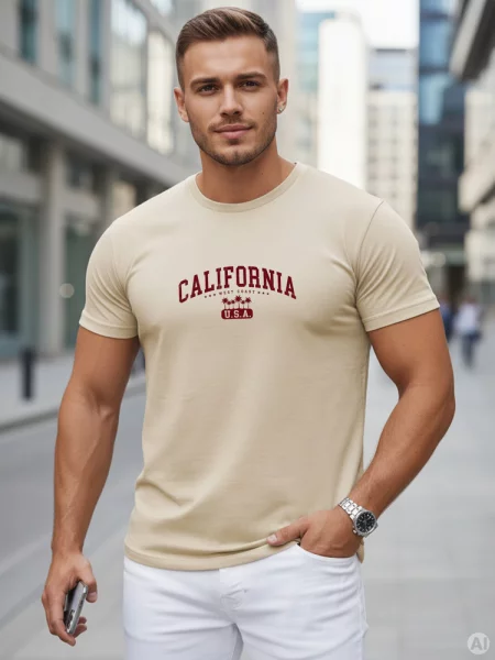 T-shirt z nadrukiem California Dstreet beżowy