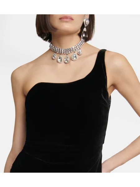 Rochie maxi Alessandra Rich de catifea cu un umăr gol de costum negru