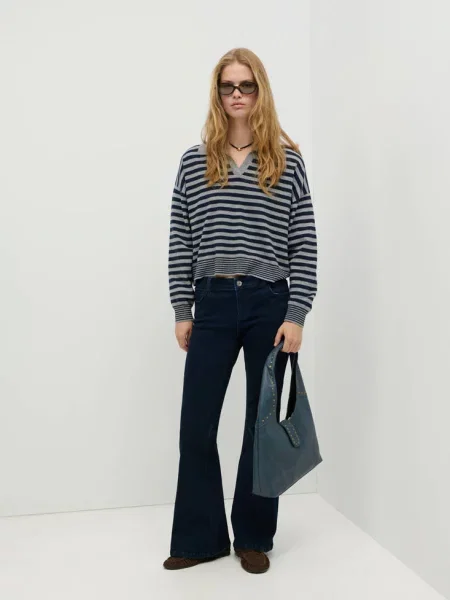 Sweter z kołnierzykiem polo w paski ciemnogranatowy Teen L MANGO TEEN