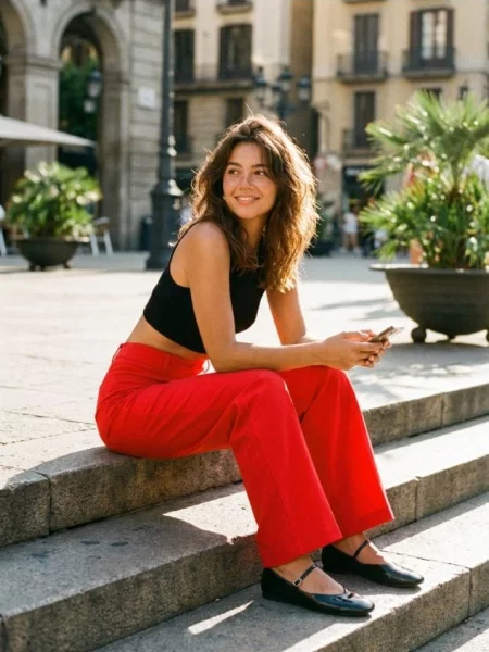 Штани wide leg з добавкою червоний