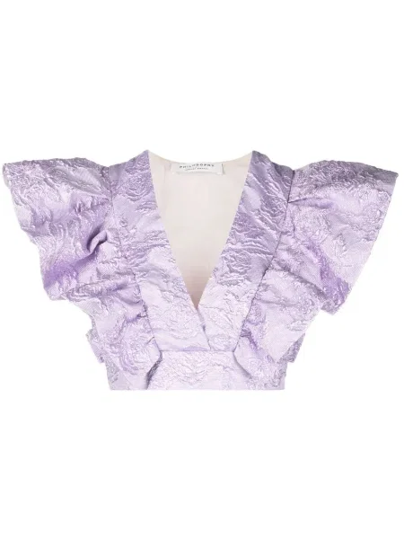 Top Philosophy Di Lorenzo Serafini cu model floral cu volane din jacard violet