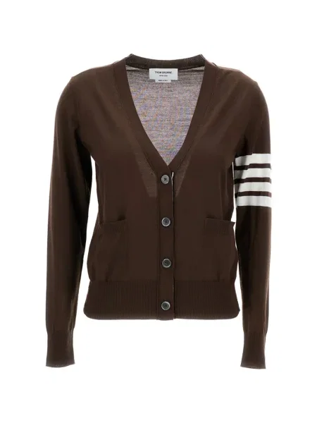 Cardigan Thom Browne cu dungi cu decolteu în V maro