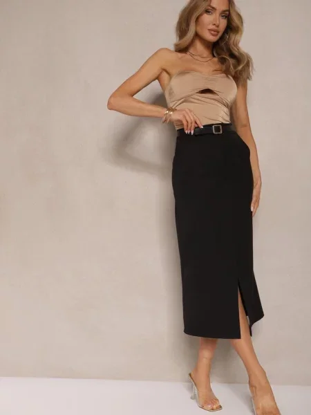 Spódnica Ołówkowa z Wiskozą High Waist z Rozcięciem Semivinia czarna