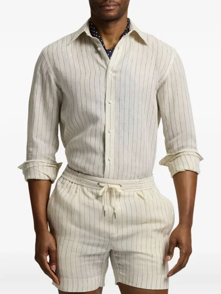 Lněná pruhovaná košile Ralph Lauren Purple Label fialová