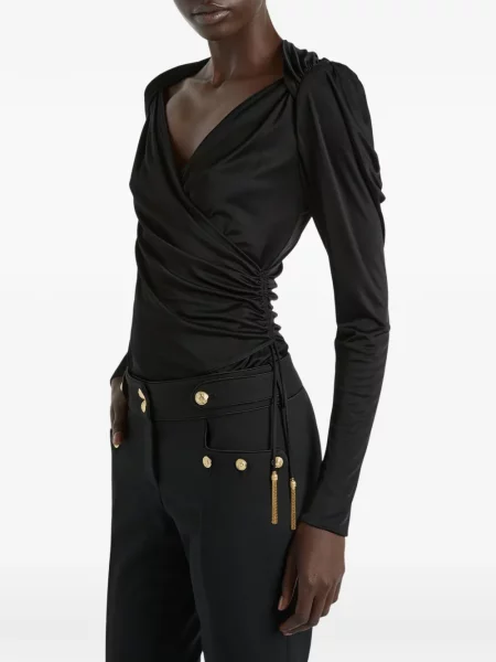 Top Balmain din jerseu drapat negru