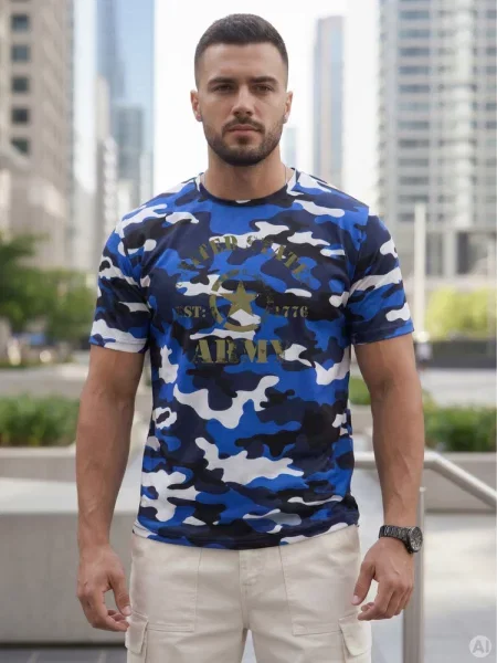 T-shirt z nadrukiem moro Dstreet niebieski
