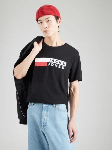 JACK & JONES Tricou roșu / negru alb