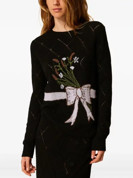 Pulover Twinset cu funde cu model floral negru