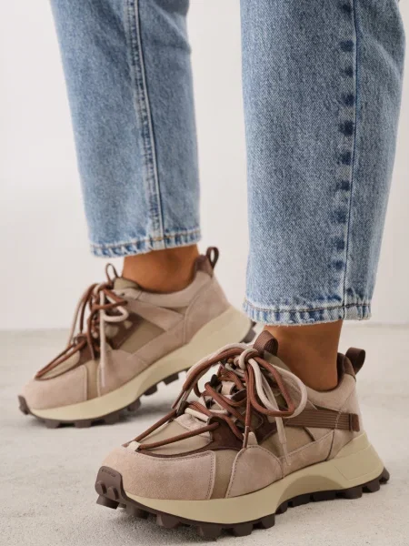 Sneakers chunky din piele întoarsă cu tip cravată dublu și perforații Kildei bej