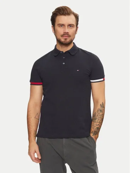 Тениска с яка Tommy Hilfiger с апликация тъмносиньо