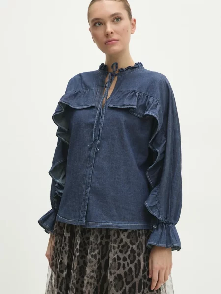 Дънкова блуза Answear Lab дамска с изчистен дизайн синьо