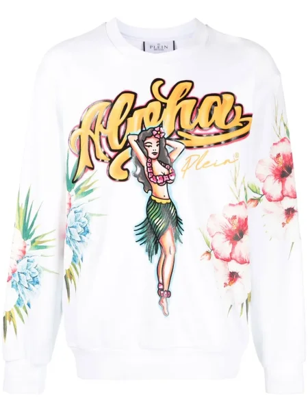 Hanorac Philipp Plein cu imagine tip Hawaii alb