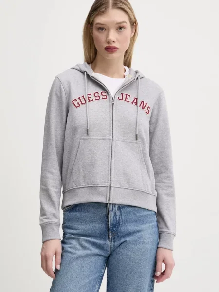 Меланжов суичър с качулка Guess Jeans с качулка с принт сиво