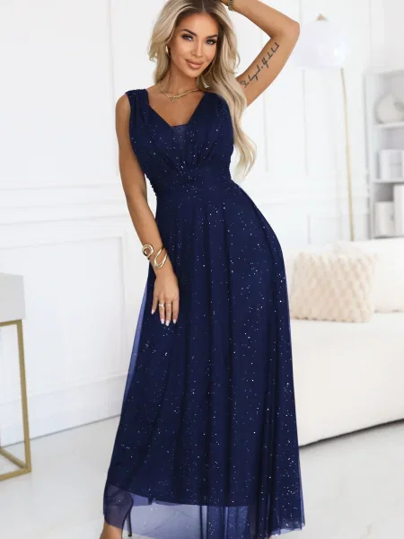 Długa sukienka wieczorowa Numoco Basic z głębokim dekoltem garniturowa niebieska