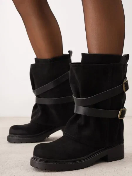 Botine biker cu carâmb stratificat decorate cu două curele și catarame Cressa negre