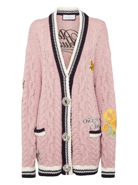 Cardigan Philipp Plein cu broderie tricotate roz