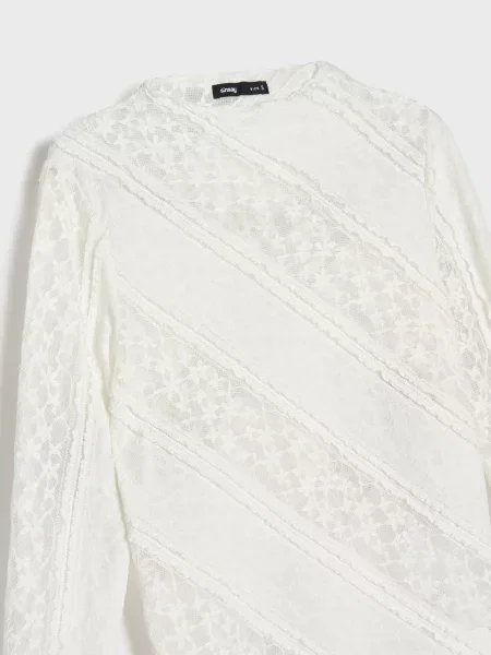 Асиметрична мереживна блузка з довгим рукавом кремовий
